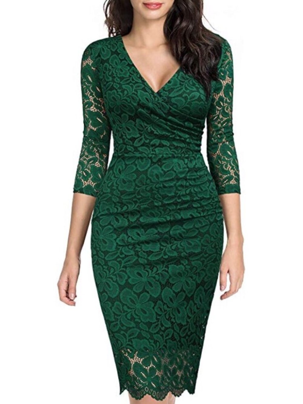 Miusol Green Lace Dress XL Midi Sheath 3/4 Sleeve Wedding Guest Holiday Party